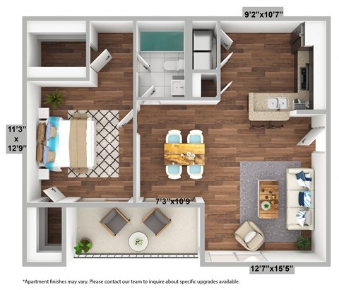 Floor plan for 1 bed, 1 bath, 765 sqft